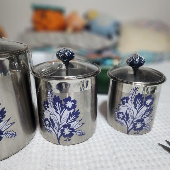 TRAMONTINA EUC STAINLESS 18/10 3 PIECE LEAF CANISTER SET WITH MATCHING KNOB LIDS - Picture 4 of 12